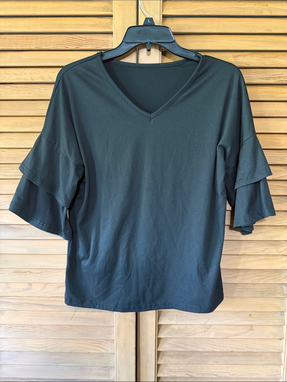 Black V-Neck Ruffle Sleeve Women's Top